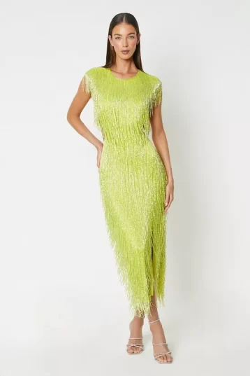 COAST Sophie Habboo Fringe Embellished Midi Dress Lime Green