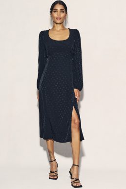 Nobody's Child Black Satin Jacquard Long Sleeve Dee Dee Midi