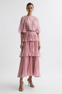 Reiss Adele Leo Lin Pleated Tiered Midi Dress Dusty Pink Blush