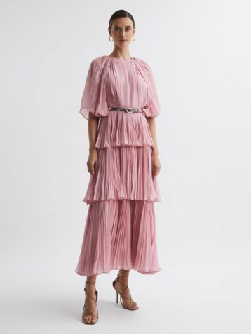 Reiss Adele Leo Lin Pleated Tiered Midi Dress Dusty Pink Blush