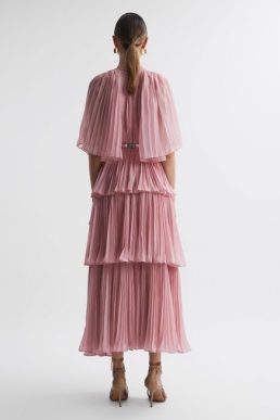Reiss Adele Leo Lin Pleated Tiered Midi Dress Dusty Pink Blush
