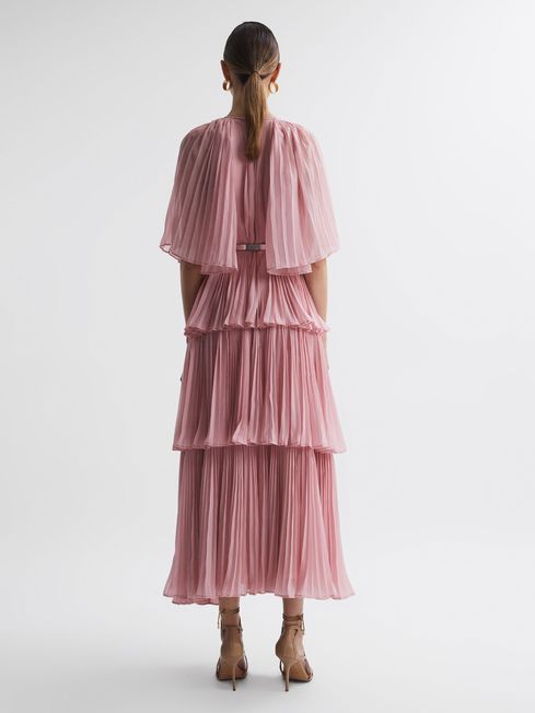 Reiss Adele Leo Lin Pleated Tiered Midi Dress, Dusty Pink/Blush