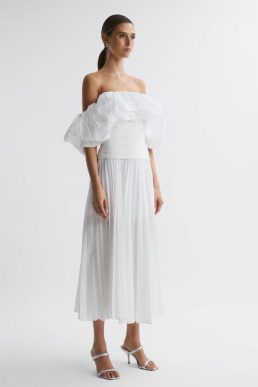 Reiss Arahura Acler Pleated Puff Sleeve Midi Dress Ivory