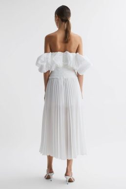 Reiss Arahura Acler Pleated Puff Sleeve Midi Dress Ivory