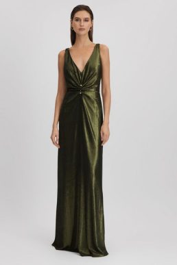 Reiss Cassandra Halston Sequin Ruche Maxi Dress Green