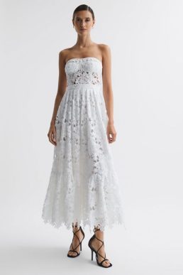 Reiss Emilia Leo Lin Bustier Lace Midi Dress Snow White