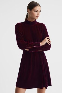 Reiss Essie Velvet Belted Mini Dress Berry