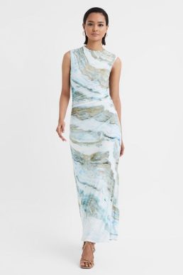Reiss Juniper Anna Quan Printed Jersey Maxi Dress Agate Blue