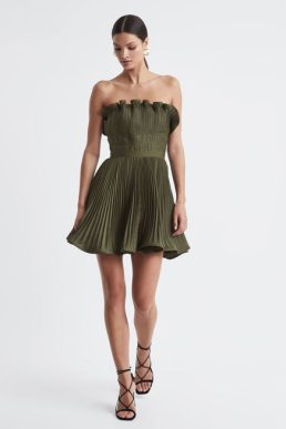 Reiss Lorena Amur Strapless Pleated Mini Dress Olive Green