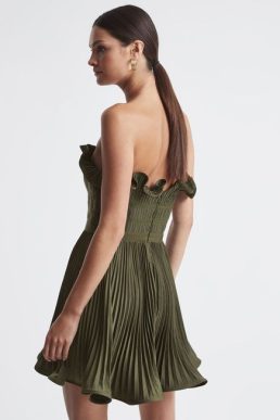 Reiss Lorena Amur Strapless Pleated Mini Dress Olive Green