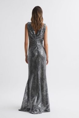 Reiss Loretta Halston Sequin Ruched Maxi Dress Silver