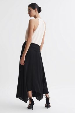 Reiss Natalia Asymmetric Belted Wrap Midi Dress Black Cream