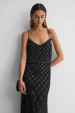Reiss Raishma Embellished Cross-Strap Maxi Dress Black gunmetal
