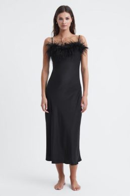 Reiss Sleeper Feather Midi Slip Dress Black
