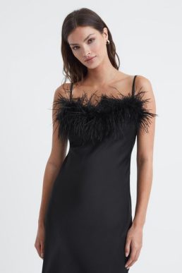Reiss Sleeper Feather Midi Slip Dress Black