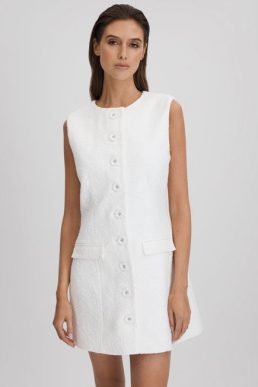 Reiss Sofia Anna Quan Boucle Button-Through Mini Dress White