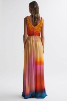 Reiss Stacia Halston Pleated Maxi Gown Orange Blue Multi