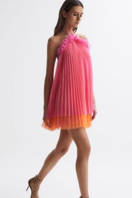 Reiss Tate Amur Halter Neck Pleated Mini Dress pink Orange Punch