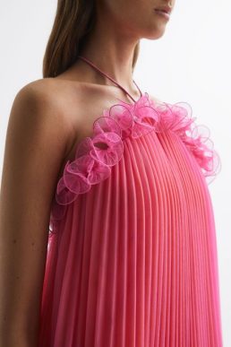 Reiss Tate Amur Halter Neck Pleated Mini Dress pink Orange Punch