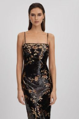 Reiss Yazmeen Halston Sequin Maxi Dress Black Multi