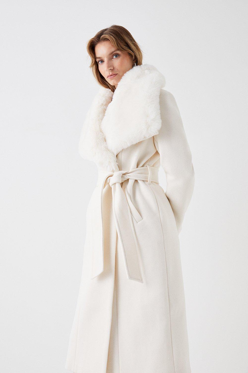 Faux Fur Collar Belted Wrap Coat Ivory