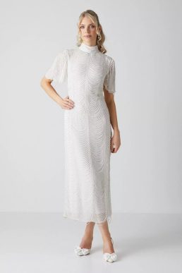 Coast Draped Bearl And Beaded Fringe Angel Sleeve Wedding Dress Ivory