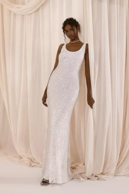 Embellished Lace Column Maxi Wedding Dress