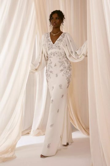 Premium V Neck Blouson Sleeve Embellished Wedding Dress