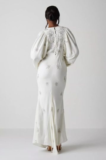 Premium V Neck Blouson Sleeve Embellished Wedding Dress