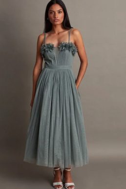 Monsoon Amber corsage midi bridesmaid dress sage green