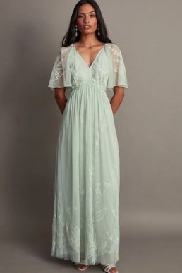 Monsoon Kacia embroidered maxi bridesmaid dress sage green