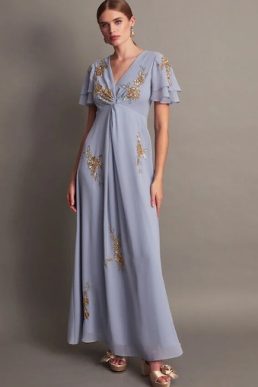 Monsoon Kendra embellished maxi bridesmaid dress light blue gold