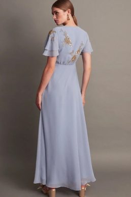 Monsoon Kendra embellished maxi bridesmaid dress light blue gold