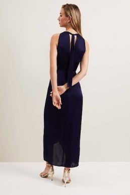 Phase Eight Daliah High Neck Satin Midi Dress Navy Blue