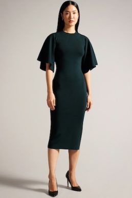 Ted Baker Fluted Sleeve Knitted Bodycon Midi Dress Dark Green