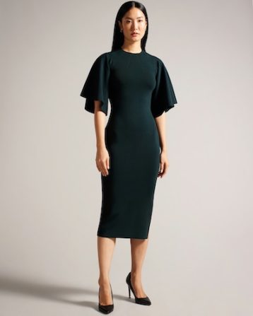 Ted Baker Fluted Sleeve Knitted Bodycon Midi Dress Dark Green