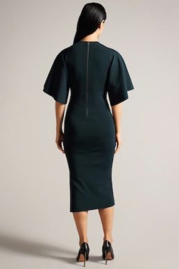 Ted Baker Fluted Sleeve Knitted Bodycon Midi Dress Dark Green