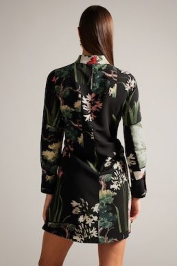 Ted Baker Long Sleeve Belted Straight Mini Shirt Dress Black Multi