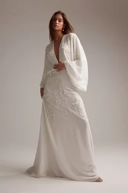 ASOS DESIGN Lisa drape sleeve plunge wedding dress with floral