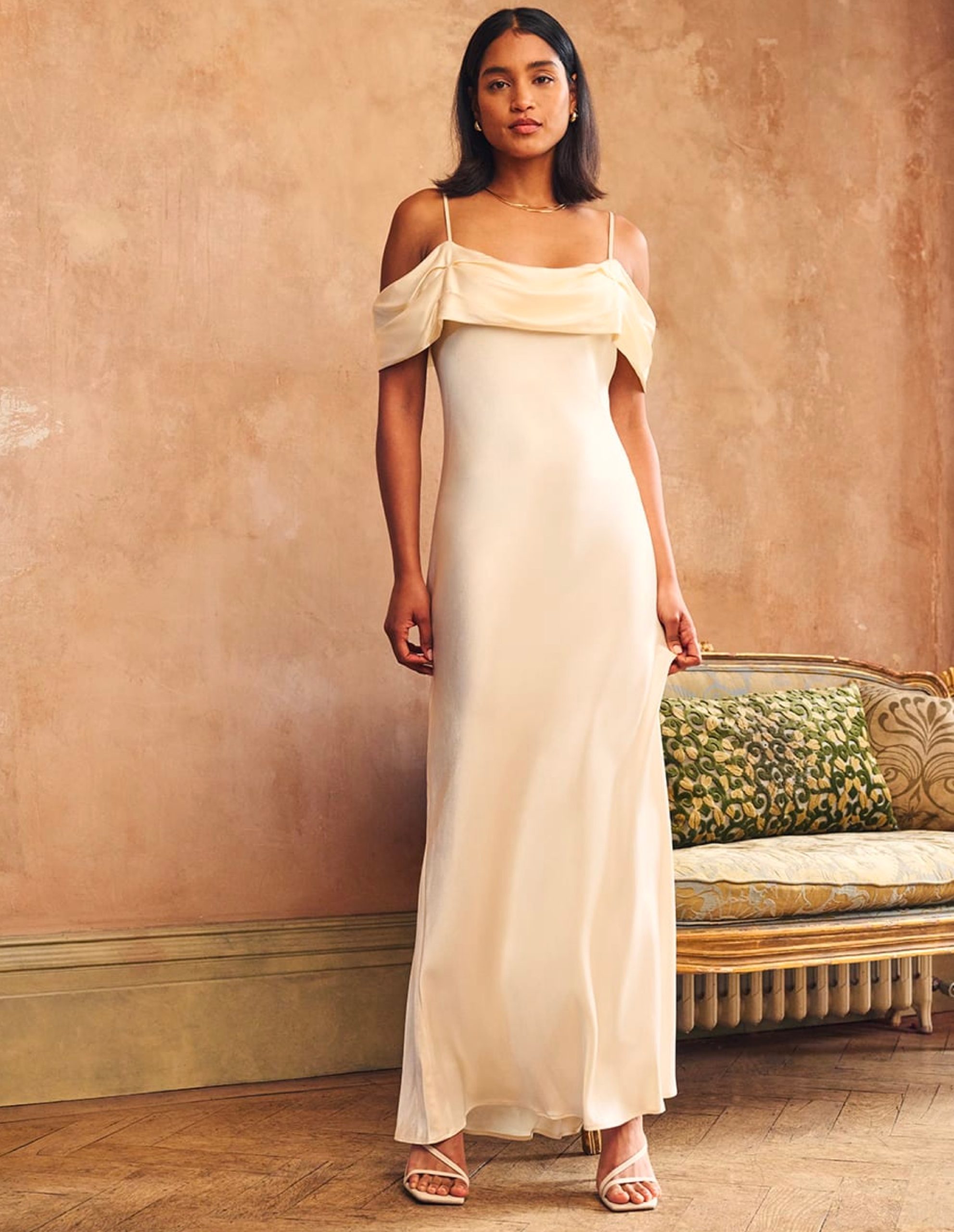 Ivory Satin Bardot Gaia Bridesmaid Maxi Dress