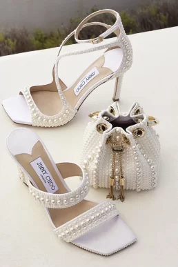 Jimmy Choo Azia 95 White Satin Sandals with All-Over Pearls