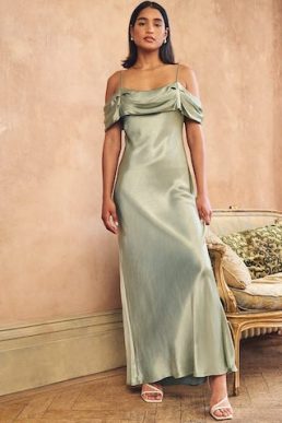 Nobody's Child Sage Green Satin Bardot Gaia Bridesmaid Maxi
