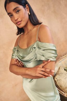Nobody's Child Sage Green Satin Bardot Gaia Bridesmaid Maxi
