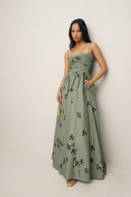Reformation Kastoria Ruched Dress Green Iris Border