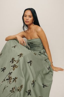 Reformation Kastoria Ruched Dress Green Iris Border