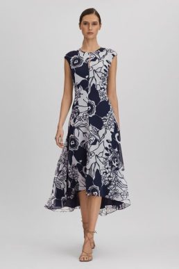 Reiss Becci Printed Open Back Midi Dress Navy Blue White