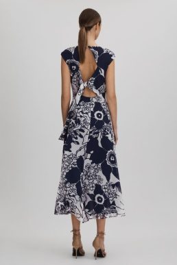 Reiss Becci Printed Open Back Midi Dress Navy Blue White