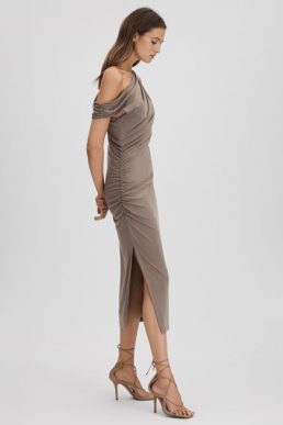 Reiss Fern Bodycon Ruched Midi Dress Mocha