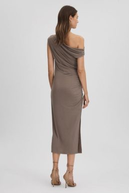 Reiss Fern Bodycon Ruched Midi Dress Mocha
