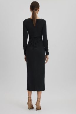 Reiss Lana Ruched Jersey Midi Dress Charcoal Black
